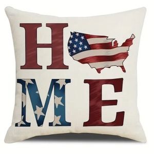 NEW "HOME" STARS & STRIPES PATRIOTIC 4TH OF JULY DECOR LINEN PILLOW COVER 17.7"